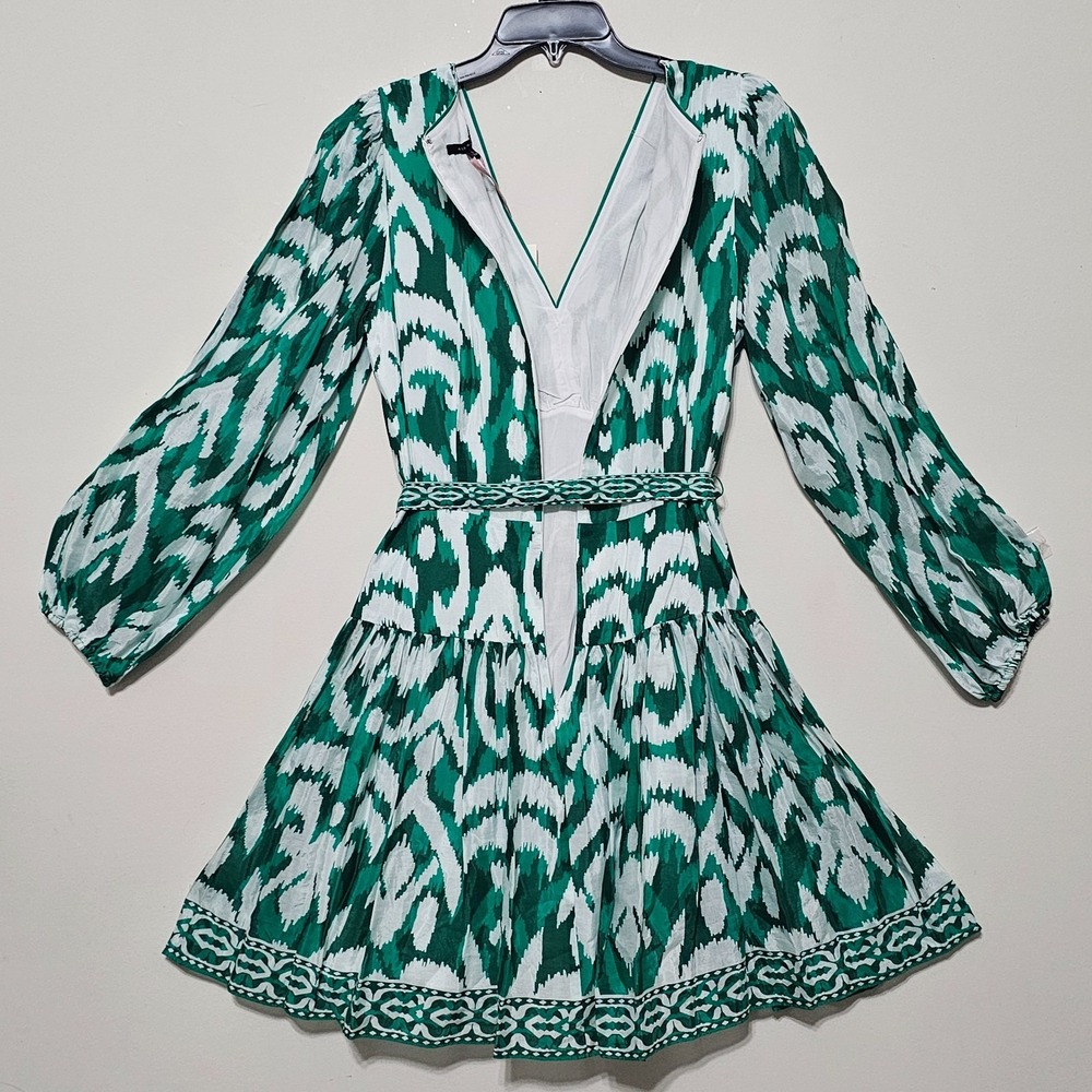 Alexis Marie Dress 8 White Green Vneck Long Sleeves Knee-length Tiered Belt 0714 - Picture 14 of 15